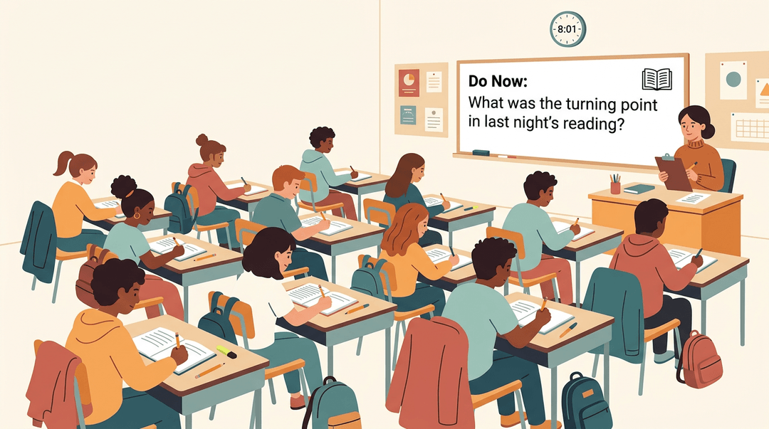 Students immediately begin a 'Do Now' writing task as the teacher takes attendance, fostering a calm, focused start to class.