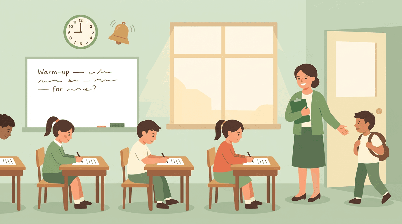 Students write worksheets while a teacher welcomes a late student in a calm, green-toned classroom with a clock and bell.