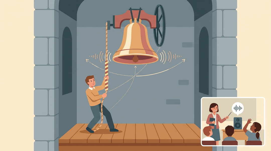 Bell ringer pulls rope to swing bell, with soundwaves showing Doppler shift and inset of teacher demonstrating pitch in class.
