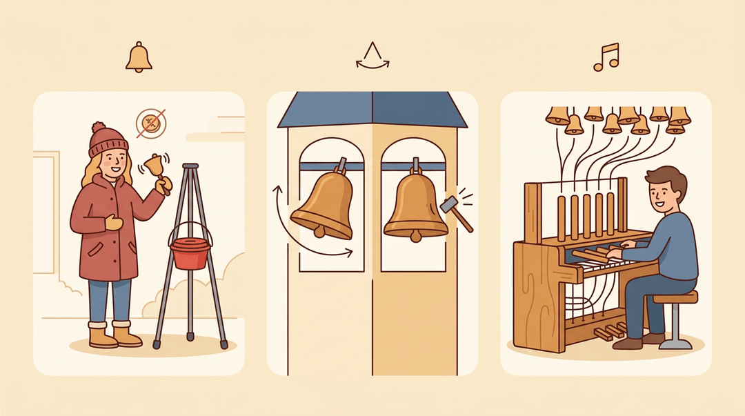 Three scenes show volunteers ringing bells, swinging versus chiming mechanisms, and a musician playing a carillon keyboard.