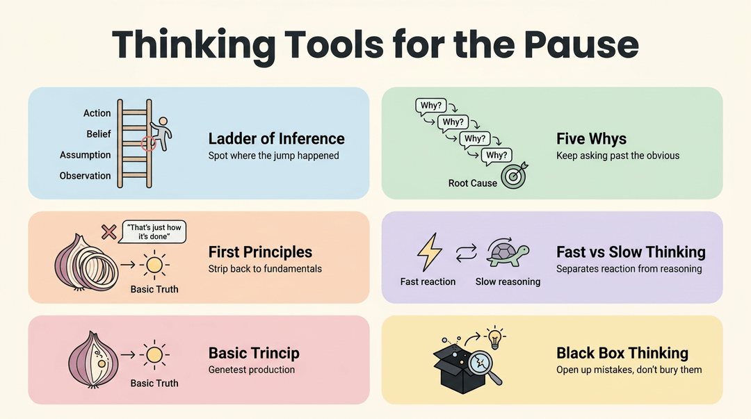 Infographic showing five thinking tools: Ladder of Inference, Five Whys, First Principles, Fast vs Slow Thinking, and Black Box Thinking.