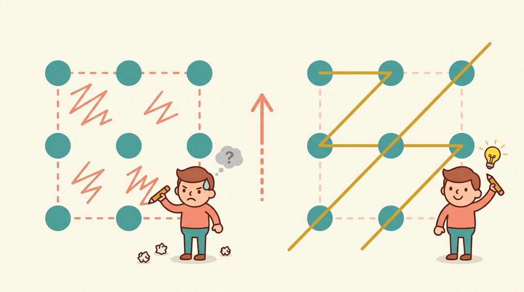A split-panel illustration showing a frustrated person trapped by rules versus a confident thinker breaking boundaries to solve the nine-dot puzzle.