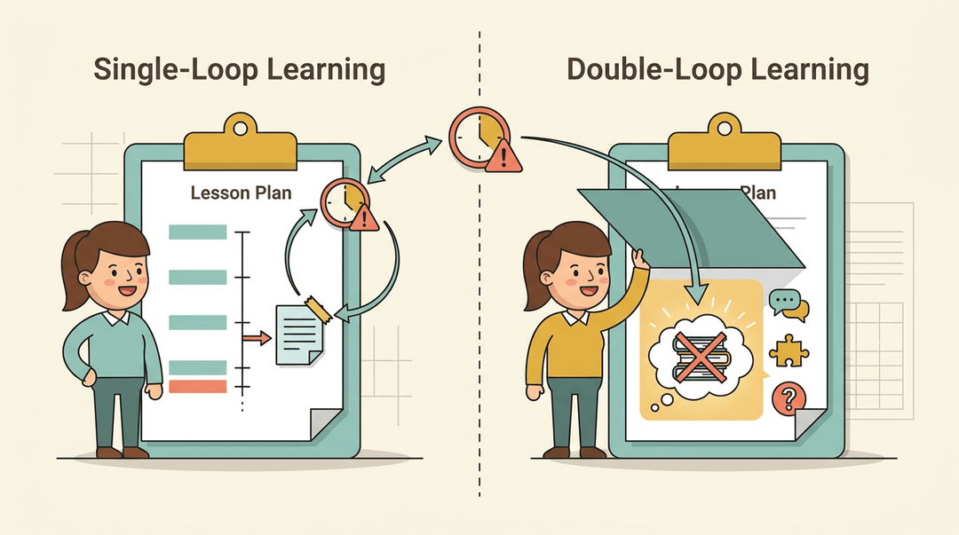 Infographic comparing single-loop learning's quick fix to double-loop learning's deep reflection on teaching methods.