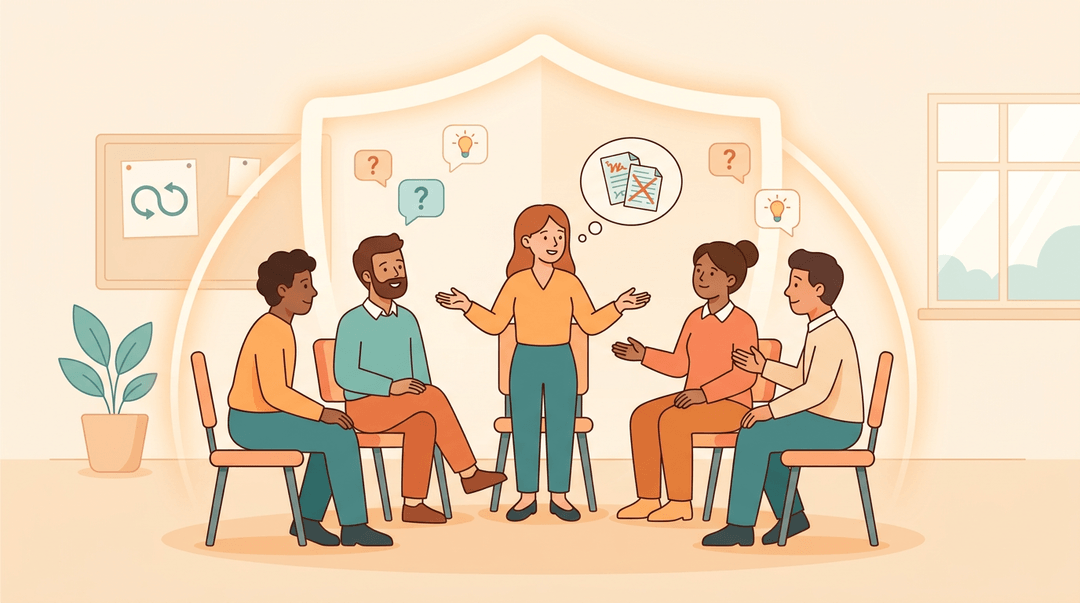 Diverse teachers sit in a circle under a glowing shield, symbolizing psychological safety and open dialogue about lesson plans.