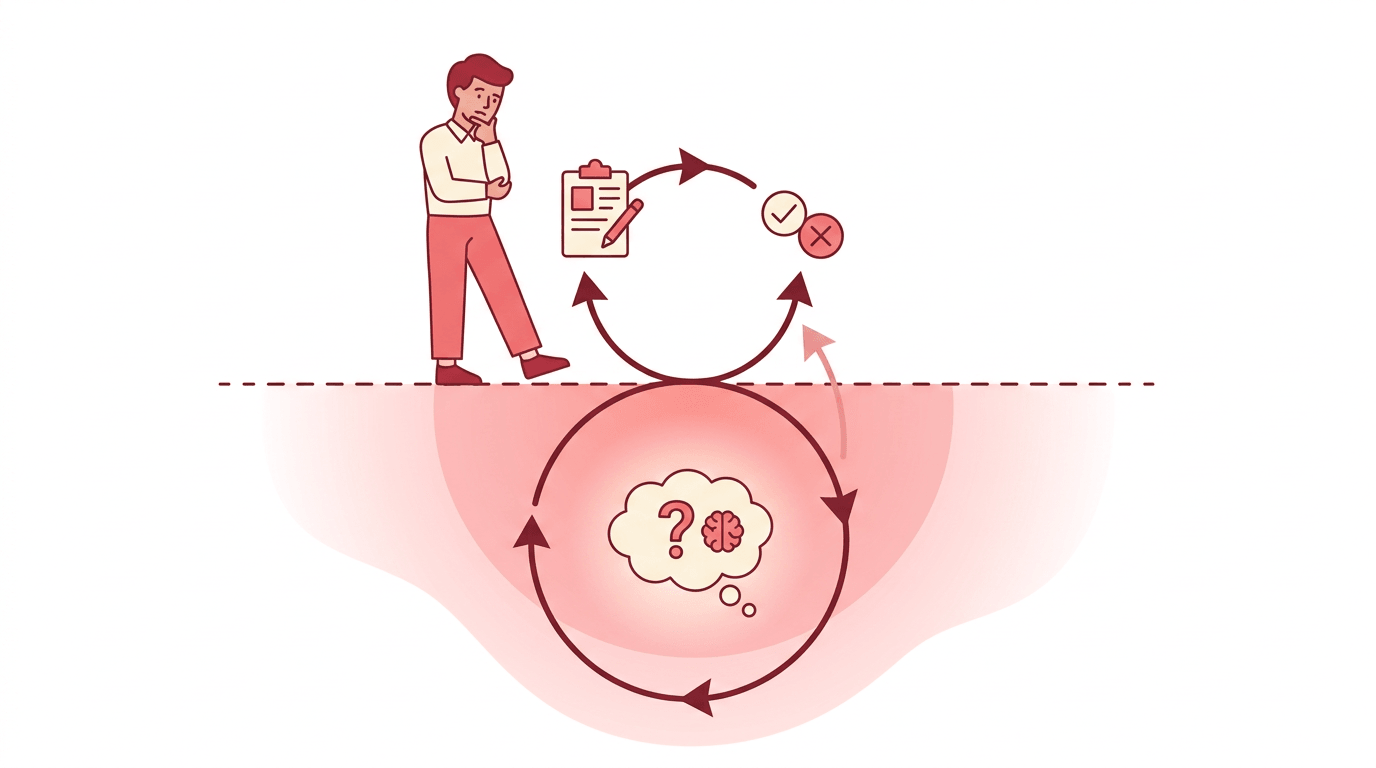 A teacher stands above a dashed line, contrasting small surface-level fixes with deep, underground reflective questioning represented by larger loops.