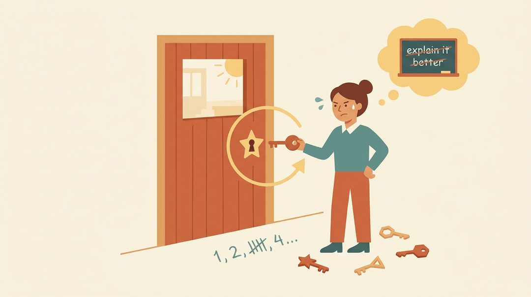 A teacher repeatedly tries a wrong key on a locked door, ignoring other keys and a visible solution behind it.