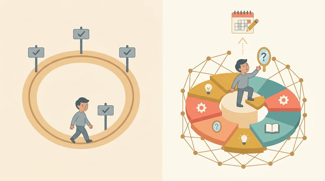 Split image showing a figure stuck in a gray loop versus climbing a colorful spiral of growth icons, symbolizing expanding mental models and self-reflection.