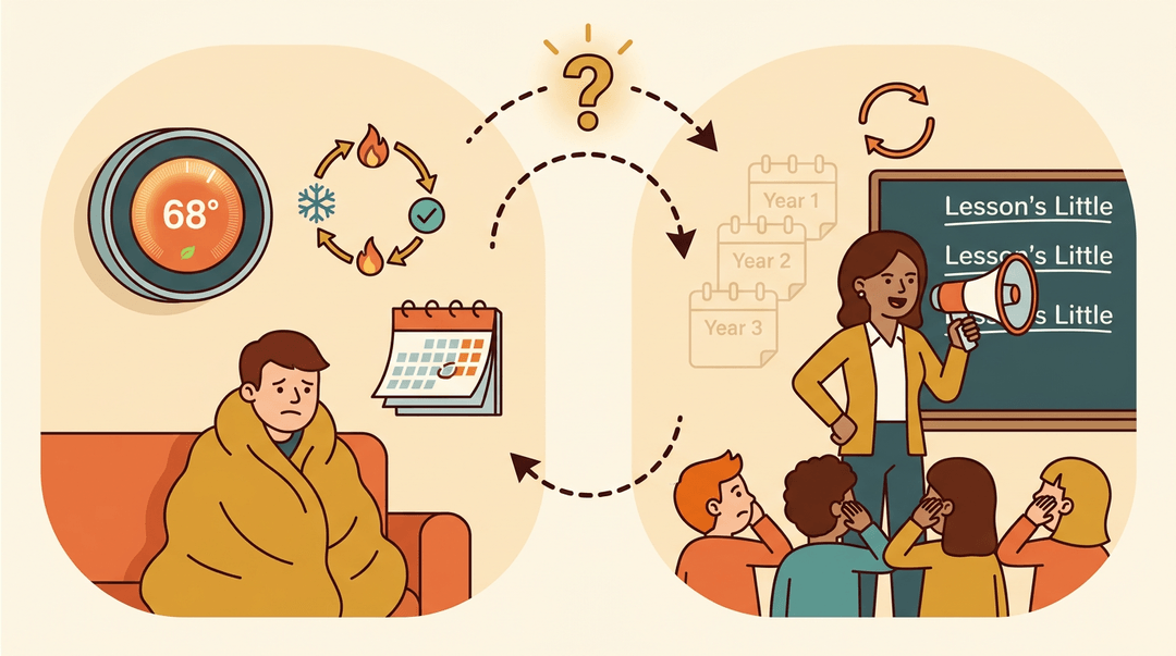 A teacher repeating lessons like a thermostat stuck at one setting, illustrating double-loop thinking.