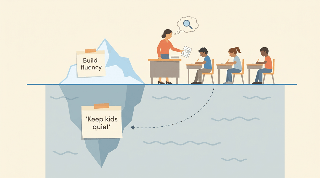 An iceberg diagram shows a teacher distributing worksheets to quiet students, with the hidden underwater mass labeled 'Keep kids quiet' revealing the true assumption behind the visible goal of fluency.
