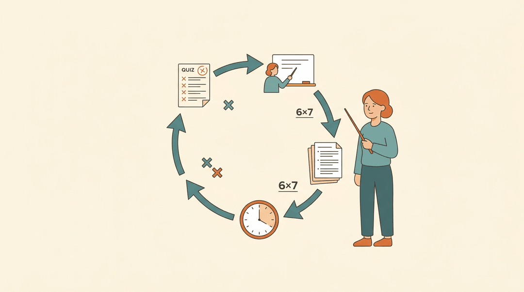 Teacher stands beside a circular loop diagram showing reteaching and practice to address low quiz scores.