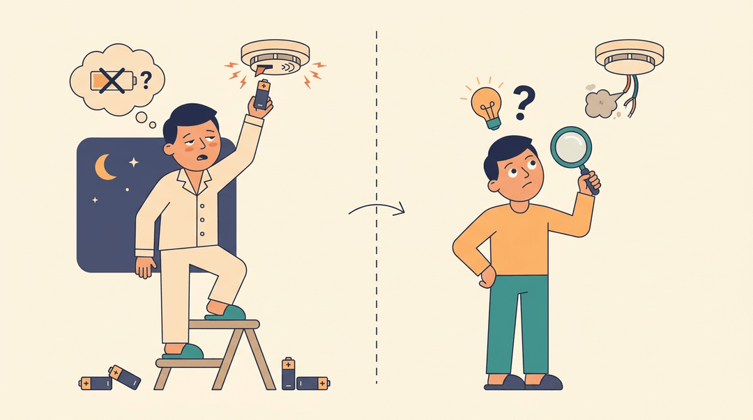 A figure learns to troubleshoot a chirping smoke detector by finding the root cause instead of just changing batteries.
