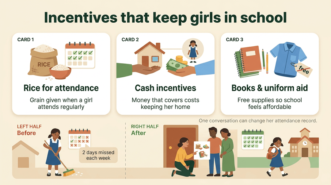 Infographic showing rice, cash, and school supplies as incentives to improve girls' attendance and keep them in school.