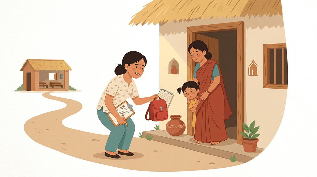 A teacher offers a backpack to a shy child at their rural home, with an empty schoolhouse visible in the distance.