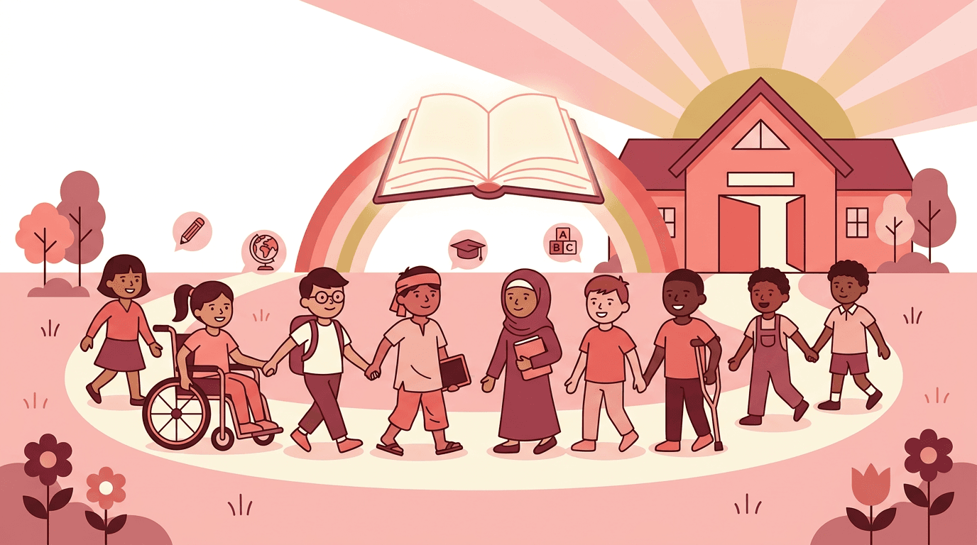 Diverse children walk toward a schoolhouse under an open book, symbolizing inclusive education.