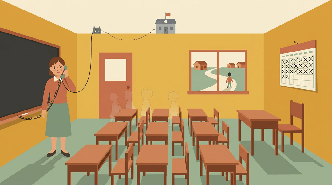A tired teacher stands alone in an empty rural classroom, surrounded by fading student outlines and signs of neglect.