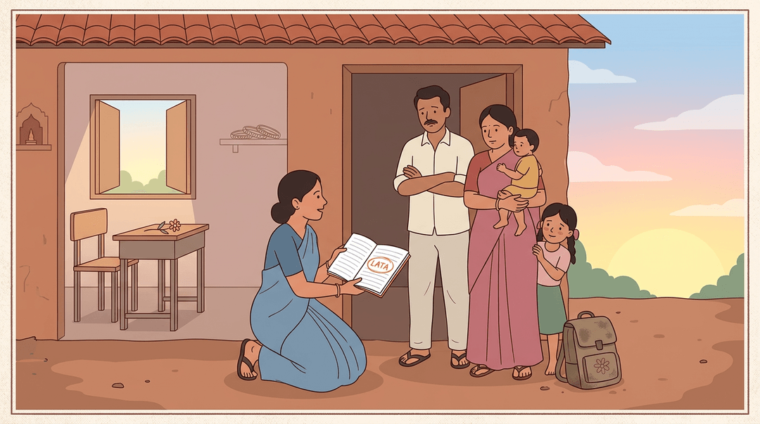 A teacher in a sari speaks with a rural family at their doorway, offering a notebook to a shy girl beside her dusty backpack.