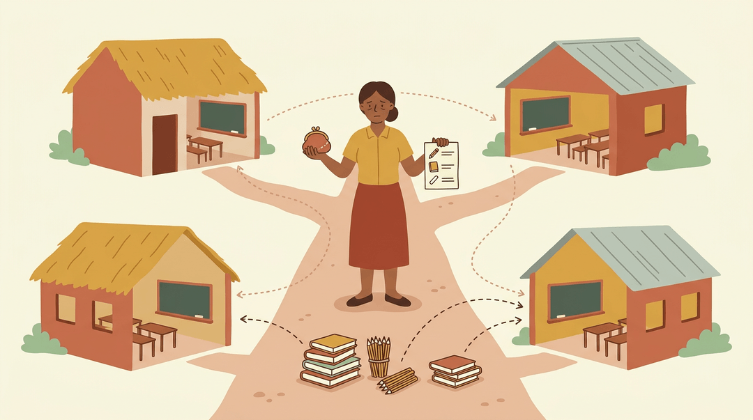 A head teacher carries resources along a dirt road connecting three village schools, illustrating shared scarcity and determination.