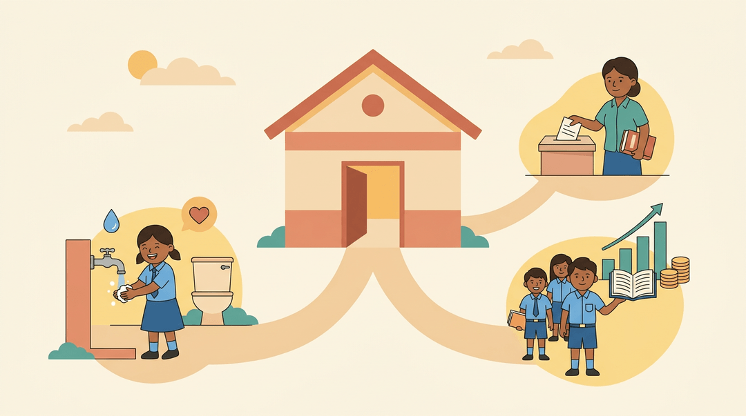 A school building with three paths showing health, economic growth, and voting benefits.