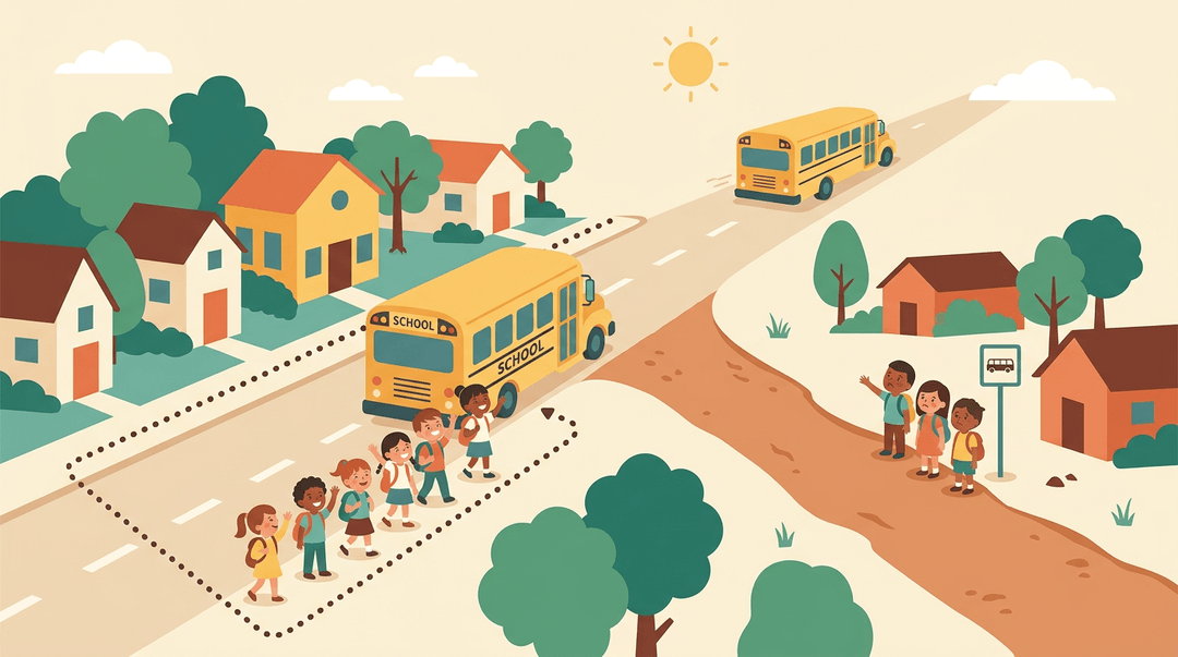 A school bus serves a paved neighborhood while children on a dirt path wait sadly, illustrating unequal access to education.