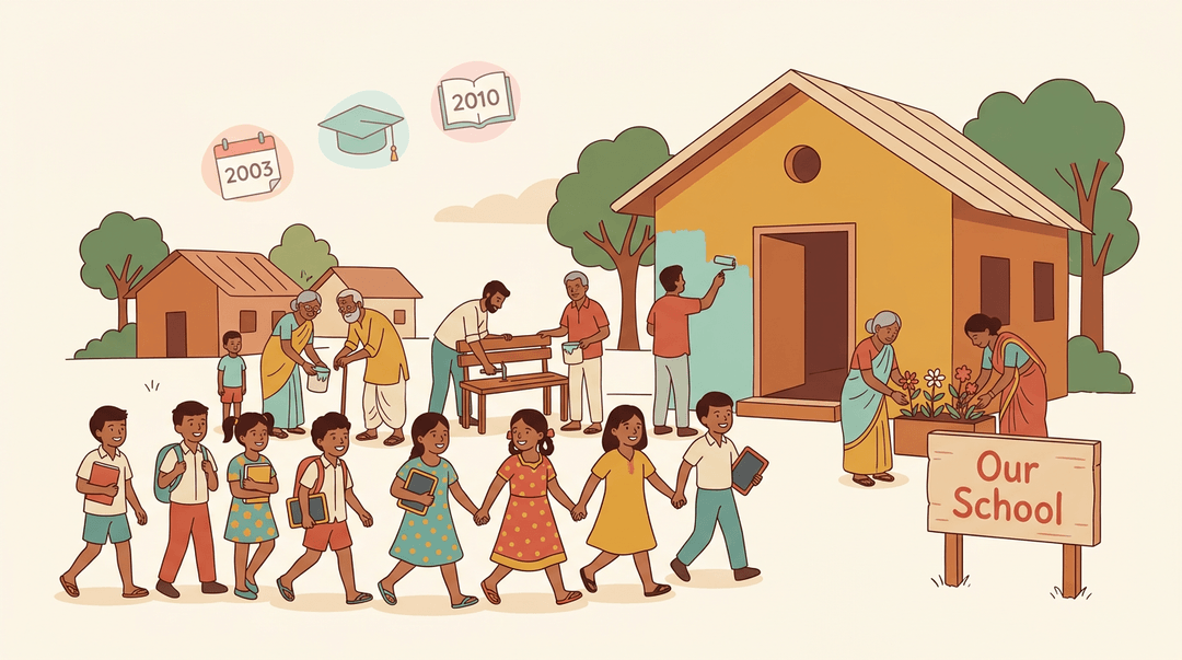 Diverse villagers repair a school while happy children with books walk toward the entrance under milestone icons.
