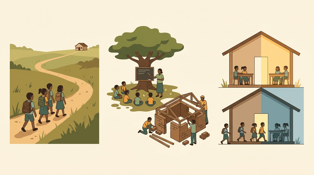 Three scenes depict children walking to school, learning under a tree with a makeshift classroom, and attending shifts in a simple building.