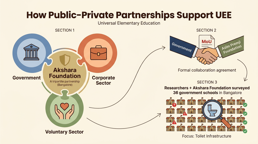 Infographic showing Akshara Foundation's partnership with government and corporate sectors to survey toilet infrastructure in 36 Bangalore schools.