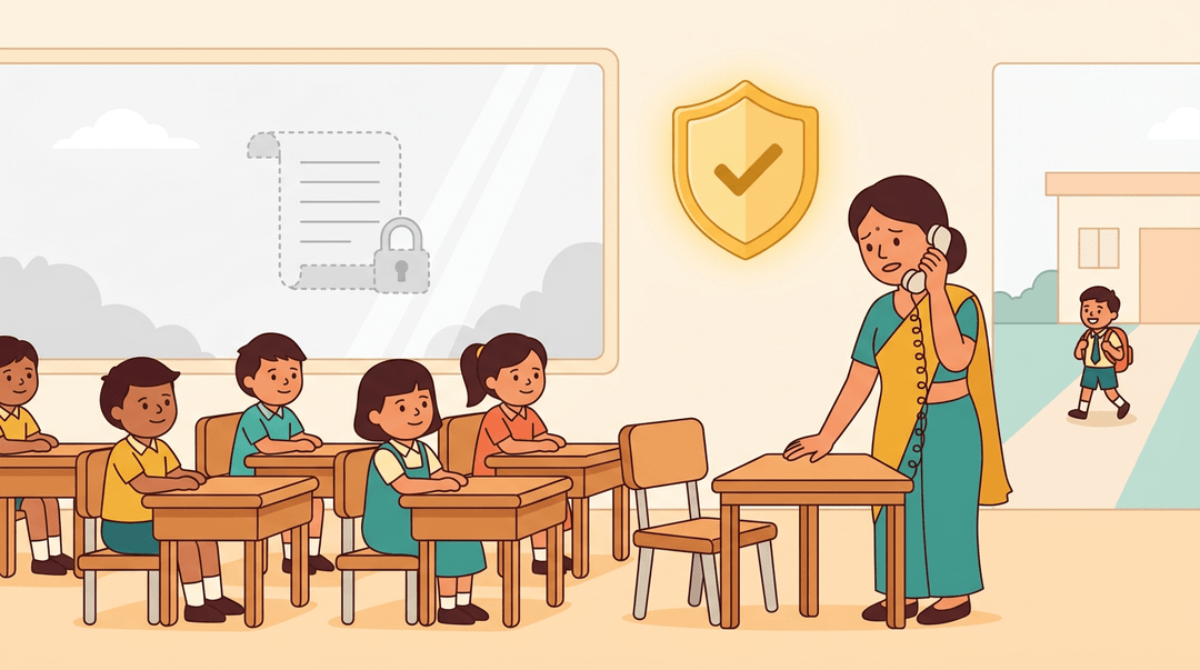Teacher calls about an empty desk while a golden shield icon symbolizes the RTE Act, contrasting with a fading scroll in the background.