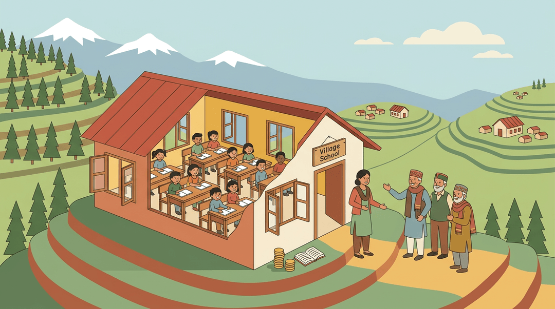 A Himalayan schoolhouse with full classrooms and a teacher meeting elders, symbolizing community investment in education.
