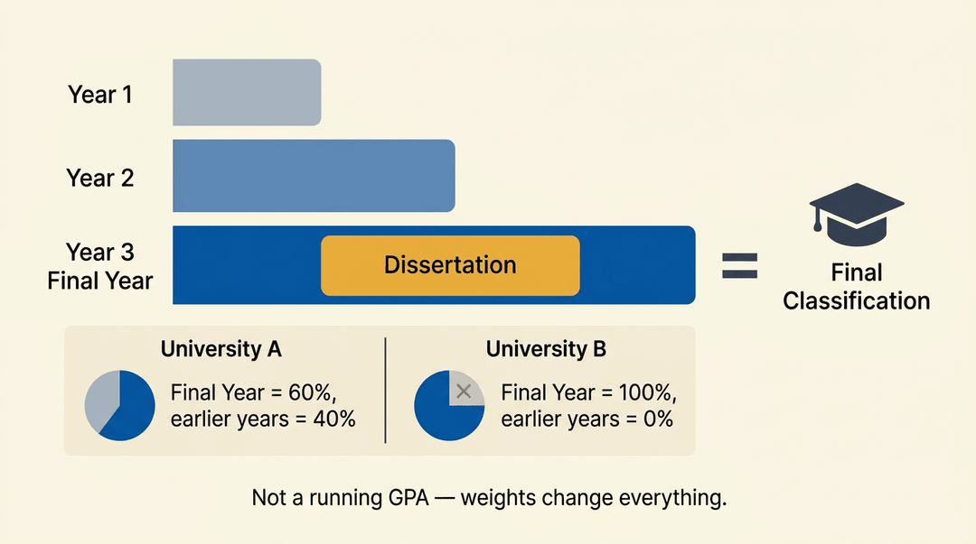 A diagram illustrates UK university degree classification, showing weighted averages of academic years determining the final outcome.