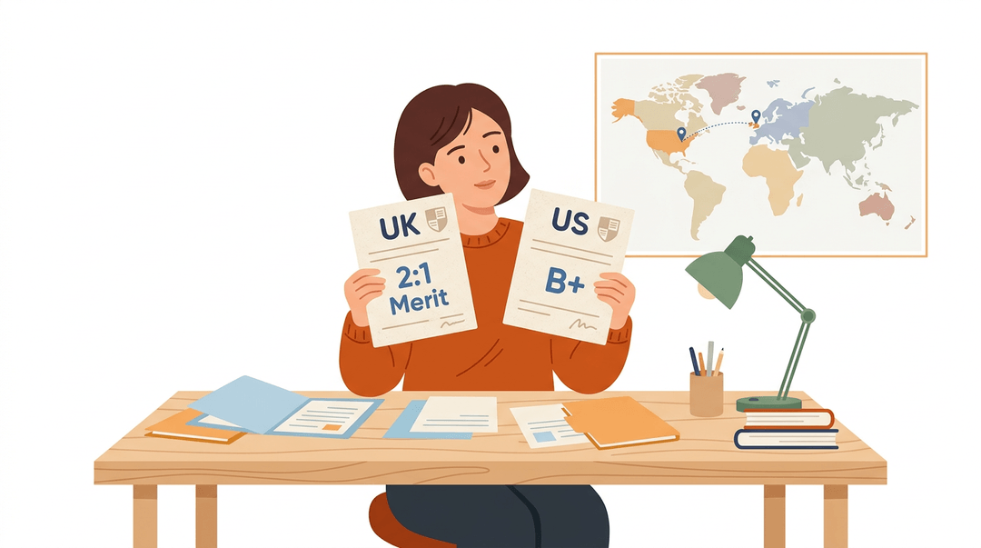 A teacher thoughtfully compares UK and US report cards, highlighted on a world map behind them.