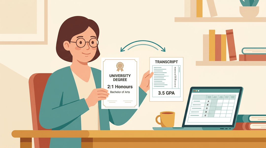 A teacher compares a British 2:1 degree certificate and an American 3.5 GPA transcript, with an arrow suggesting equivalency.