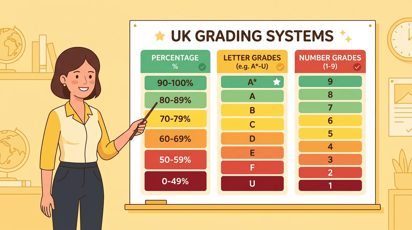 A teacher stands by a chart comparing UK grading systems: percentages, letter grades (A-U), and number grades (1-9).