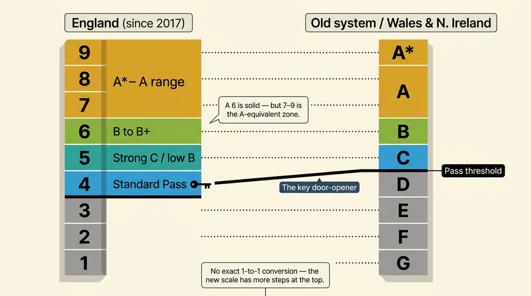 A comparison chart shows equivalencies between the England (since 2017) and old/Wales/N. Ireland grading scales.