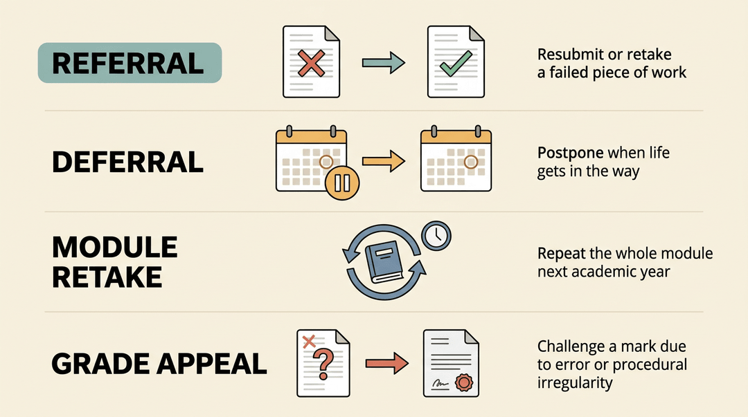 Four distinct rows illustrate academic recovery routes: referral, deferral, module retake, and grade appeal.