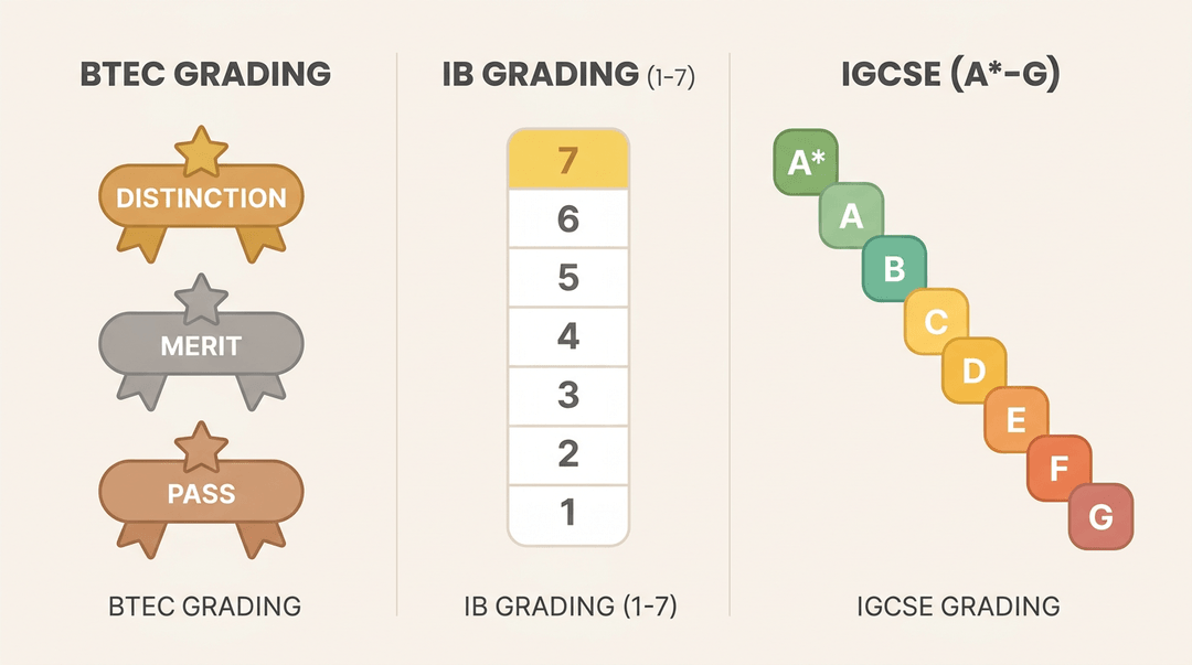 Visual infographics compare BTEC (ribbon), IB (numbered scale), and IGCSE (letter tiles) grading systems.