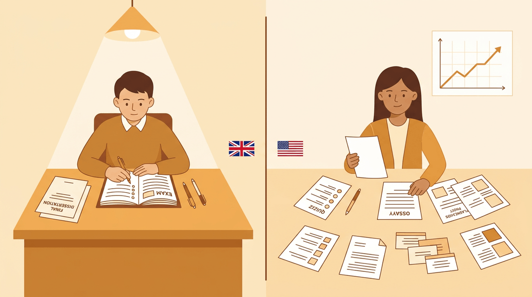 Two students are depicted: one focused on a single large task, the other engaged in consistent, incremental work.
