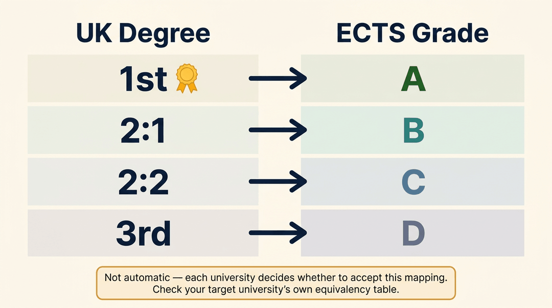 A clean, modern table mapping UK university degree classifications to corresponding ECTS grades, with a disclaimer below.
