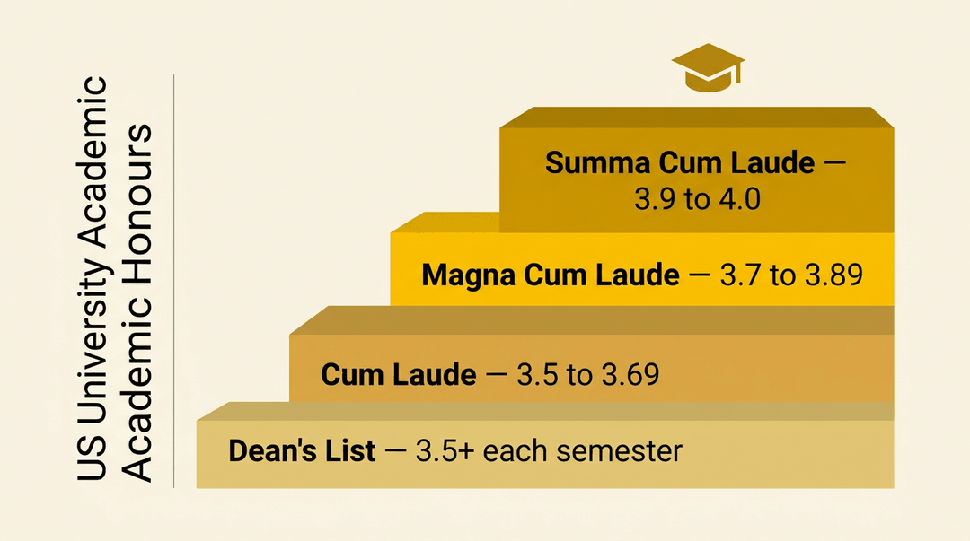A four-tier, podium-style chart shows ascending academic honors levels with their GPA ranges, topped by a graduation cap.