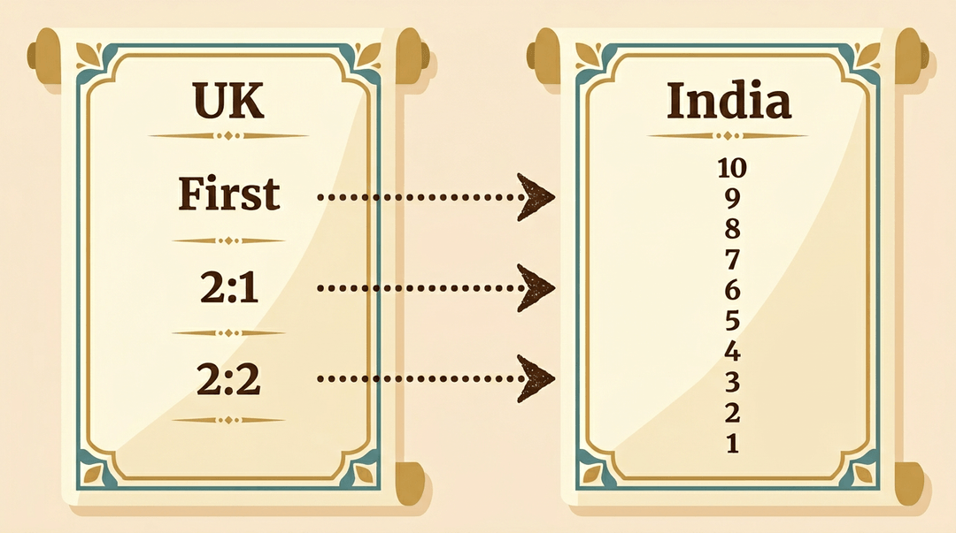 Flat vector illustration of two academic certificates, one UK with degree classifications and one Indian with GPA, connected by approximate conversion lines.