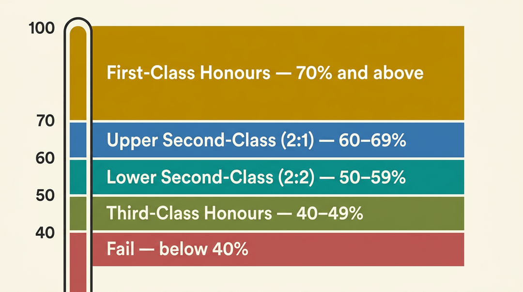A clean, modern infographic of the UK undergraduate degree classification system as a vertical, stacked bar chart.