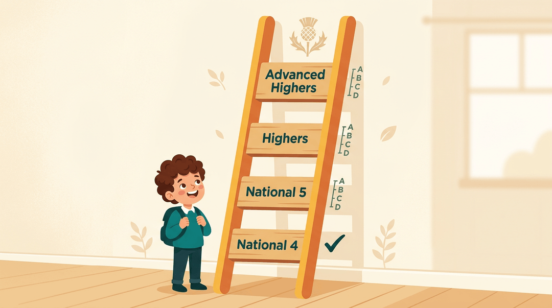 A student stands beneath a ladder of Scottish qualifications, from National 4 to Advanced Highers.