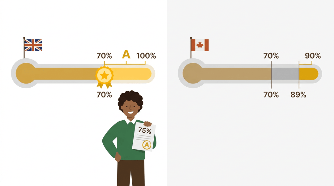 A split scene compares grading systems, showing a proud student next to a UK-style A-grade at 70%, versus a US/Canadian 90% top grade.