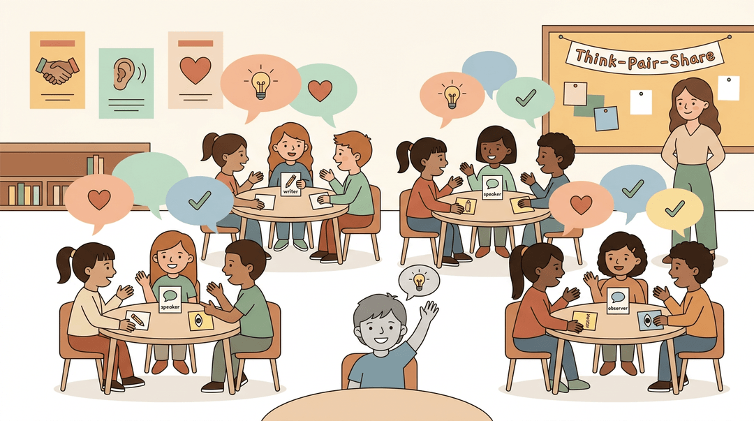Diverse elementary students collaborate in small groups while a teacher watches, highlighting an inclusive classroom environment.