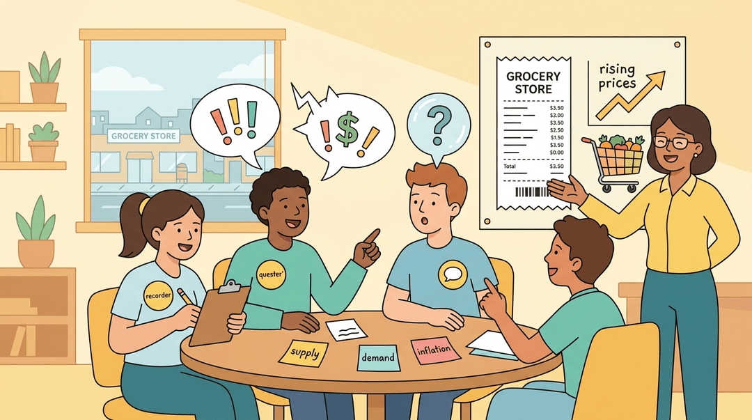 Diverse students debate economics using a receipt and graph while a teacher guides the lesson in a warm classroom.