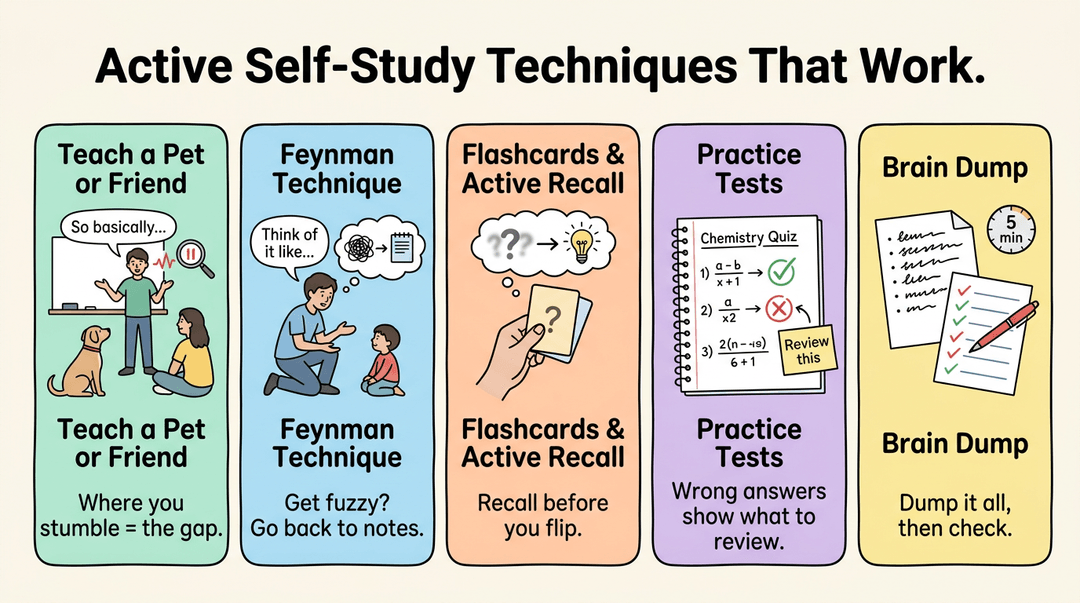 Five pastel cards illustrate active self-study techniques: teaching others, Feynman method, flashcards, practice tests, and brain dumping.