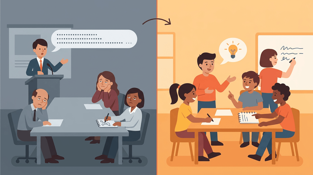 Split screen shows passive lecture versus active group learning, with an arrow indicating the shift to engagement.