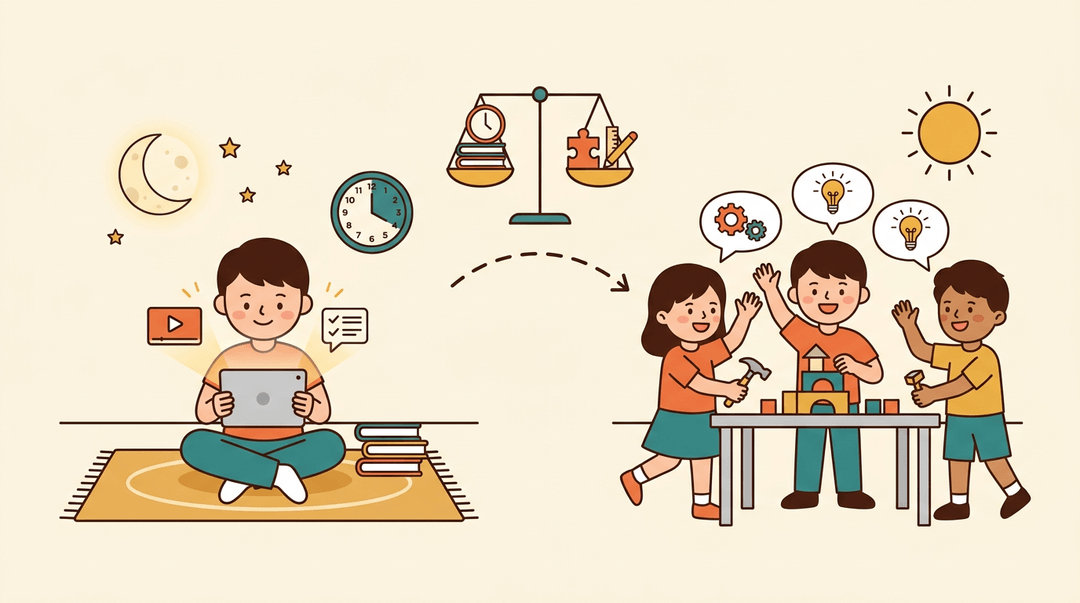 Flipped classroom diagram showing student learning at home and collaborating in class, balanced by a scale icon.