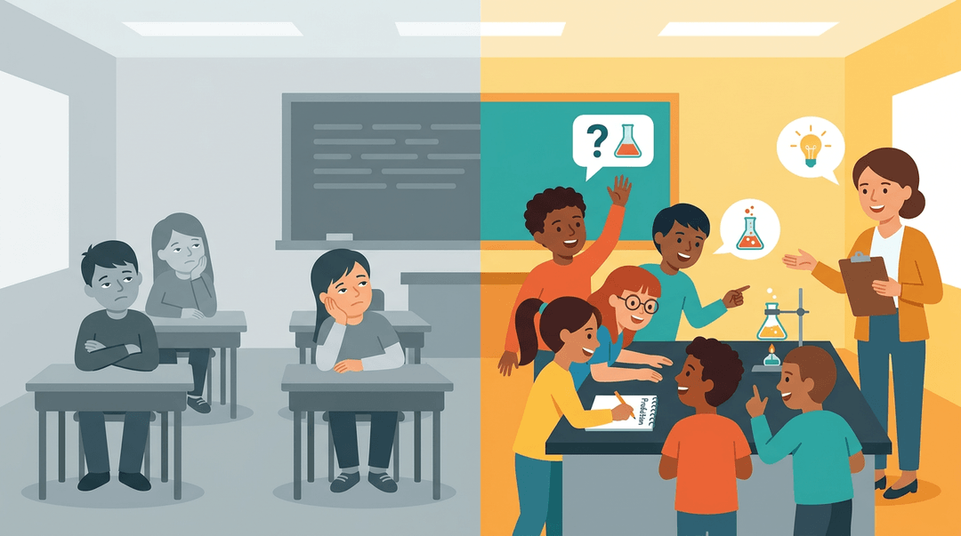 Passive students sit disengaged on the left while active learners conduct a science experiment with an enthusiastic teacher on the right.