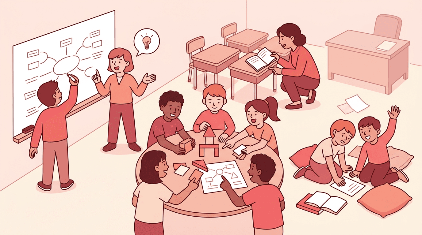 Diverse students collaborate actively in a classroom while the teacher facilitates, leaving the traditional desk empty to symbolize student-centered learning.