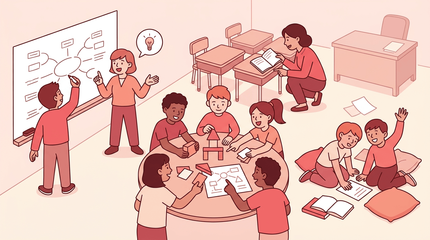 Diverse students collaborate actively in a classroom while the teacher facilitates, leaving the traditional desk empty to symbolize student-centered learning.